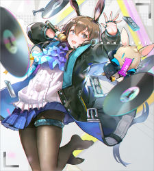 Rule 34 | 1girl, :d, absurdres, amiya (arknights), animal ears, arknights, arm up, ascot, black jacket, blue ascot, blue eyes, blue skirt, blurry, blurry foreground, blush, brown hair, brown pantyhose, cassette tape, center frills, chess piece, commentary, copyright name, depth of field, evers, frilled shirt, frills, hair between eyes, hand up, highres, holding, holding microphone, jacket, long hair, long sleeves, microphone, no shoes, open clothes, open jacket, open mouth, pantyhose, pleated skirt, puffy long sleeves, puffy sleeves, rabbit ears, record, rook (chess), shirt, skirt, smile, solo, stuffed animal, stuffed rabbit, stuffed toy, very long hair, viewfinder, white shirt