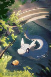 Rule 34 | afloat, arc draws, commentary request, creatures (company), day, dratini, game freak, gen 1 pokemon, grass, highres, leaf, light rays, nintendo, no humans, outdoors, pokemon, pokemon (creature), rubber duck, solo, water