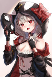 Rule 34 | 1girl, animal hood, bare shoulders, belt, black belt, black gloves, black hair, blush, bow, breasts, camisole, cleavage, collar, eye mask, fang, fingerless gloves, gloves, gradient background, grey background, hair ornament, highres, holding, holding mask, hololive, hood, long sleeves, looking at viewer, mask, unworn mask, medium hair, multicolored hair, nail polish, off-shoulder jacket, off shoulder, open mouth, orca hood, plaid, plaid bow, red eyes, red nails, sakamata chloe, shihaku rare, silver hair, solo, streaked hair, upper body, virtual youtuber, white background, white camisole, x hair ornament
