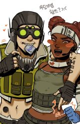 Rule 34 | 1boy, 1girl, animification, apex legends, arm tattoo, belt, belt pull, black belt, black gloves, black headwear, blush, breasts, brown eyes, camisole, cleavage, commentary, condom, condom in mouth, condom wrapper, cropped vest, dark-skinned female, dark skin, double bun, embarrassed, english commentary, fang, fingerless gloves, freckles, gloves, goggles, green camisole, green vest, hair bun, headband, hetero, highres, jui (dirtybigrat), korean text, lifeline (apex legends), midriff, mouth hold, navel, octane (apex legends), red hair, small breasts, smile, surprised, tattoo, vest, white background, white headband