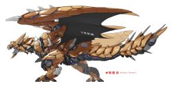 Rule 34 | animal focus, artist name, commentary, english commentary, facebook logo, facebook username, from side, full body, gold rathian, highres, instagram logo, instagram username, mecha, mechanization, monster hunter (series), no humans, open mouth, pixiv logo, pixiv username, robot, simple background, solo, twitter logo, twitter username, white background, xezeno