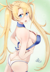 Rule 34 | 1girl, absurdres, ass, bare shoulders, bikini, blonde hair, blue eyes, bradamante (fate), braid, breasts, butt crack, cleavage, commentary request, cowboy shot, crown braid, fate/grand order, fate (series), french braid, green background, hair between eyes, highres, island lagoon, large breasts, long hair, open mouth, signature, simple background, solo, swimsuit, thigh strap, thighs, twintails, two-tone bikini, very long hair