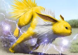 Rule 34 | blue sky, closed mouth, commentary request, creatures (company), day, electricity, from side, game freak, gen 1 pokemon, grass, jolteon, looking afar, nintendo, no humans, outdoors, pokemon, pokemon (creature), realistic, running, sand, sky, solo, teru sakura