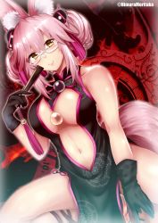 Rule 34 | 1girl, absurdres, animal ears, black gloves, blunt bangs, breasts, chinese clothes, cleavage, commentary request, double bun, eyes visible through hair, fate/grand order, fate (series), folding fan, fox ears, fox girl, fox tail, glasses, gloves, hair bun, hair ornament, hand fan, highres, himura moritaka, holding, holding fan, koyanskaya (chinese lostbelt outfit) (fate), koyanskaya (fate), long hair, looking at viewer, multicolored hair, navel, sidelocks, silver hair, smile, solo, squatting, streaked hair, tail, tamamo (fate), thighs, yellow eyes