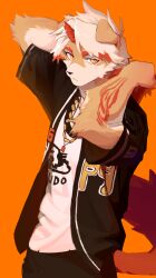 Rule 34 | 1boy, absurdres, animal ears, arknights, arms behind head, black jacket, black shorts, chinese commentary, colored tips, commentary request, furry, furry male, highres, horns, hung (arknights), jacket, jewelry, looking at viewer, male focus, multicolored hair, necklace, orange background, shabi96522, shirt, shorts, single horn, tail, white shirt