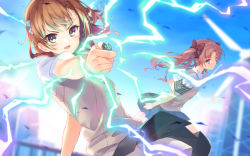 Rule 34 | 2girls, :d, action, aiming, armband, attack, battle, black skirt, blue sky, bow, breasts, brown eyes, brown hair, brown shorts, brown sweater vest, bucchake (asami), building, closed mouth, coin, day, dress shirt, electricity, electrokinesis, psychic, fantasy, female focus, flower, furrowed brow, glowing, green armband, hair bow, hair flower, hair ornament, hairclip, highres, holding, holding coin, incoming attack, judgment (toaru), light blush, long hair, looking at viewer, misaka mikoto, multiple girls, open mouth, outdoors, outstretched arm, pleated skirt, psychic, railgun, railing, red bow, school uniform, science fiction, shirai kuroko, shirt, short hair, short sleeves, shorts, shorts under skirt, skirt, sky, small breasts, smile, sweater vest, toaru kagaku no railgun, toaru majutsu no index, tokiwadai school uniform, twintails, upper body, white flower, white shirt