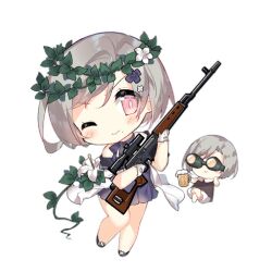 Rule 34 | 2girls, :&gt;, = =, bare legs, bare shoulders, beer mug, black footwear, blue dress, blue flower, blue ribbon, blush, blush stickers, brown dress, chibi, closed mouth, crossed legs, crosshair pupils, cup, dragunov svd, dress, dress flower, fairy (girls&#039; frontline), flower, flower request, footwear flower, full body, girls&#039; frontline, gloves, goggles, grey hair, gun, hair flower, hair ornament, hand on own cheek, hand on own face, head wreath, holding, holding cup, holding gun, holding weapon, looking at viewer, mole, mole under mouth, mug, multiple girls, neck ribbon, off-shoulder dress, off shoulder, official art, one eye closed, pink eyes, ribbon, rifle, saru, scope, short hair, simple background, slit pupils, sniper fairy (girls&#039; frontline), sniper rifle, third-party source, transparent background, weapon, white flower, white gloves