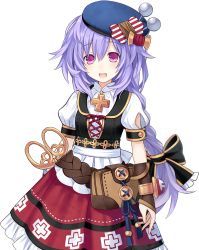 Rule 34 | 1girl, bag, beret, bow, bowtie, braid, bridal gauntlets, dress, four goddesses online: cyber dimension neptune, hat, highres, light purple hair, long hair, looking at viewer, neptune (series), official art, open mouth, oversized object, purple eyes, pururut, short sleeves, single braid, smile, solo, transparent background, tsunako, very long hair