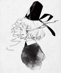 Rule 34 | 1girl, closed eyes, commentary, garnetelegy, greyscale, hat, highres, long sleeves, looking at viewer, monochrome, parted lips, short hair, simple background, soga no tojiko, solo, tate eboshi, touhou, upper body