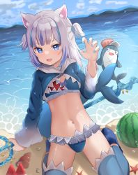 Rule 34 | 1girl, absurdres, adapted costume, animal ear fluff, animal ears, beach, bikini, bloop (gawr gura), blue bikini, blue eyes, blue hair, blue nails, blue sky, blue theme, cat ears, claw pose, cloud, cloudy sky, commentary request, conch, day, fins, fish tail, food, frilled bikini, frills, fruit, gawr gura, grey hair, hair ornament, hand up, highres, hololive, hololive english, hood, hood down, long sleeves, multicolored hair, nail polish, navel, nekopurin (nyanko prin), open mouth, outdoors, sand, seiza, sharp teeth, shrug (clothing), sitting, sky, solo focus, starfish, streaked hair, swimsuit, tail, teeth, two side up, virtual youtuber, water, watermelon, watermelon slice, wide sleeves
