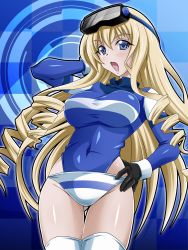 Rule 34 | 10s, 1girl, arm up, blonde hair, blue eyes, blush, breasts, cecilia alcott, covered navel, female focus, gloves, goggles, highres, hoimin (anchangdeath), infinite stratos, large breasts, leotard, long hair, open mouth, panties, resolution mismatch, solo, standing, thighhighs, underwear