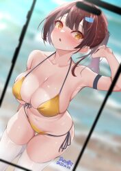 Rule 34 | 1girl, :o, arm strap, arm up, beach, bikini, blurry, blurry background, blush, breasts, brown hair, chinese commentary, cleavage, collarbone, dated, gold bikini, hair ornament, hairclip, highres, ineedu041 tako, large breasts, navel, open mouth, original, ponytail, signature, skindentation, solo, stomach, strap gap, swimsuit, thigh gap, thighhighs, white thighhighs, yellow eyes