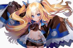 Rule 34 | 1girl, azur lane, bad id, bad twitter id, black jacket, blonde hair, blouse, blue eyes, blush, collared jacket, collared shirt, commentary request, cowboy shot, fang, floating hair, highres, jacket, kalk (azur lane), long hair, long sleeves, looking at viewer, midriff, navel, open clothes, open jacket, pomu (pomu me), rabbit, see-through, shirt, sleeves past fingers, sleeves past wrists, smile, solo, two side up, very long hair, white background, white shirt, wide sleeves, zipper pull tab