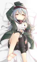 Rule 34 | 1girl, bandana, barefoot, bed, darnell, g11 (girls&#039; frontline), girls&#039; frontline, hat, highres, long hair, looking at viewer, lying, on back, silver hair, solo, toes