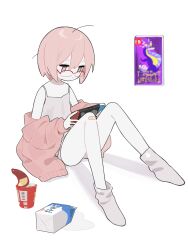 Rule 34 | 1girl, absurdres, bandaid, bandaid on knee, bandaid on leg, camisole, cardigan, cardigan partially removed, chips (food), commentary, creatures (company), dot mouth, expressionless, food, game freak, glasses, grey camisole, grey panties, grey socks, handheld game console, highres, holding, holding handheld game console, jitome, knees up, looking at object, loose hair strand, milk carton, myomuron, nintendo, nintendo switch, open cardigan, open clothes, original, panties, pink cardigan, pink eyes, pink hair, playing games, pokemon, pokemon sv, potato chips, short hair, simple background, sitting, socks, solo, underwear, video game cover (object), white background
