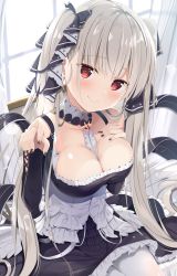Rule 34 | 1girl, azur lane, bare shoulders, between breasts, black dress, black nails, blush, breasts, cleavage, dress, earrings, formidable (azur lane), frilled dress, frills, grey hair, hair ribbon, hand on own chest, hand up, head tilt, highres, jewelry, large breasts, long hair, long sleeves, looking at viewer, nail polish, pantyhose, red eyes, ribbon, sitting, solo, tomoo (tomo), twintails, two-tone dress, white pantyhose