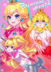 Rule 34 | 1girl, axe, blonde hair, blue eyes, bodysuit, breasts, crown, dress, earrings, fire, fire flower, fire peach, gloves, grin, hand on own hip, jewelry, lipstick, long hair, looking at viewer, makeup, mario (series), nintendo, pink dress, power-up, princess peach, scarf, serious, small breasts, smile, the super mario bros. movie, weapon