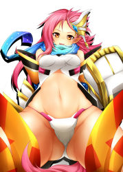Rule 34 | 1girl, :d, ar nosurge, blue scarf, blush, breasts, groin, head tilt, jam (jam0601), long hair, looking at viewer, navel, open mouth, orange eyes, panties, pink hair, pointy ears, prim (ar nosurge), scarf, simple background, small breasts, smile, solo, surge concerto, tail, underwear, white background, white panties