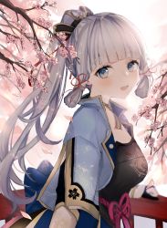 Rule 34 | 1girl, :d, absurdres, armor, armored dress, ayaka (genshin impact), blue eyes, blunt bangs, branch, breastplate, cherry blossoms, cherry tree, falling petals, genshin impact, hair ornament, hair ribbon, highres, long hair, looking at viewer, neck tassel, open mouth, petals, pof (peuplierpof), ponytail, red ribbon, ribbon, silver hair, smile, solo, tress ribbon, upper body