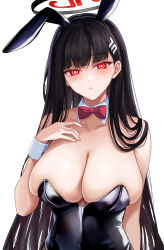 Rule 34 | 1girl, absurdres, animal ears, bare shoulders, black hair, blue archive, blunt bangs, blush, bow, bowtie, breasts, cleavage, detached collar, hair ornament, hairclip, halo, highres, leotard, long hair, looking at viewer, parted lips, playboy bunny, rabbit ears, rain (rain910), red eyes, ringed eyes, rio (blue archive), simple background, solo, very long hair, white background, wrist cuffs