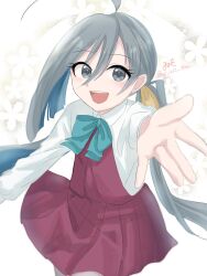 Rule 34 | 1girl, ahoge, aqua bow, aqua bowtie, bow, bowtie, collared shirt, cowboy shot, dress, dress shirt, foreshortening, grey eyes, grey hair, hair between eyes, halter dress, halterneck, highres, kantai collection, kiyoshimo (kancolle), long hair, low twintails, open mouth, purple dress, school uniform, shirt, smile, solo, teeth, twintails, upper teeth only, very long hair, white background, white shirt, wiwo