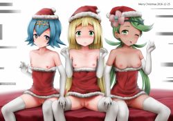 Rule 34 | 2016, 3girls, bare shoulders, blonde hair, blue eyes, blue hair, breasts, censored, christmas, cleft of venus, creatures (company), dated, elbow gloves, game freak, ginhaha, gloves, green eyes, green hair, hat, lana (pokemon), lillie (pokemon), long hair, looking at viewer, mallow (pokemon), merry christmas, mosaic censoring, multiple girls, nintendo, nipples, one eye closed, open mouth, pokemon, pokemon sm, pussy, santa costume, santa hat, short hair, sitting, small breasts, take your pick, tears, thighhighs, twintails, white gloves, white legwear