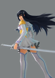Rule 34 | 10s, 1girl, black hair, boots, dress, epaulettes, from behind, grey background, highres, junketsu, kill la kill, kiryuuin satsuki, konoy, lips, long hair, looking back, solo, sword, thigh boots, thighhighs, weapon, white footwear, white thighhighs, zettai ryouiki