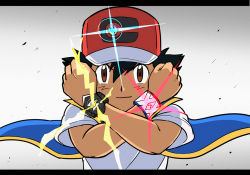 Rule 34 | 1boy, ash ketchum, baseball cap, black hair, blue jacket, brown eyes, clenched hands, closed mouth, commentary, creatures (company), dynamax band, energy, game freak, hands up, hat, jacket, letterboxed, male focus, nintendo, pokemon, pokemon (anime), pokemon journeys, red hat, shirt, short hair, short sleeves, sleeveless, sleeveless jacket, solo, spiked hair, sungyeah, t-shirt, upper body, white shirt, z-ring