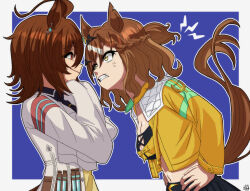 Rule 34 | 2girls, absurdres, agnes tachyon (umamusume), ahoge, anger vein, animal ears, artist logo, bandeau, bandolier, belt, black skirt, blue background, border, braid, breasts, brown hair, cleavage, clenched teeth, coat, color neko (user yfvc3323), commentary request, cropped jacket, crossed arms, earrings, french braid, hair between eyes, hands on own hips, highres, horse ears, horse girl, horse tail, jacket, jewelry, jungle pocket (umamusume), lab coat, long sleeves, medium breasts, medium hair, midriff, multiple girls, navel, notched ear, open clothes, open coat, open jacket, outside border, red eyes, short ponytail, single earring, skirt, sleeves past fingers, sleeves past wrists, small breasts, smile, tail, teeth, test tube, umamusume, very long sleeves, white border, white coat, yellow eyes, yellow jacket