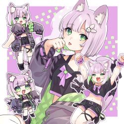 Rule 34 | 1girl, :d, :p, absurdres, animal ear fluff, animal ears, black shirt, black shorts, border, cat ears, cat girl, cat tail, chibi, colored inner hair, commission, crop top, cropped shirt, disembodied hand, fang, green eyes, green hair, highres, indie virtual youtuber, jacket, light purple hair, long sleeves, longcat (meme), looking at viewer, medaka h2, meme, multicolored hair, navel, open clothes, open jacket, open mouth, outline, purple jacket, shirt, short hair, short shorts, short sleeves, shorts, shwaa, simple background, single thighhigh, skeb commission, skin fang, sleeves past fingers, sleeves past wrists, smile, stomach, tail, thighhighs, tongue, tongue out, two-tone hair, virtual youtuber, white border, white thighhighs