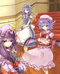Rule 34 | 3girls, absurdres, apron, book, bow, colored eyelashes, crescent, eyelashes, female focus, gloves, hair bow, hat, highres, izayoi sakuya, light purple hair, long hair, looking at viewer, maid, maid apron, multiple girls, muso-comet, patchouli knowledge, purple eyes, purple hair, red eyes, remilia scarlet, short hair, silver hair, smile, touhou, tsurime, waist apron