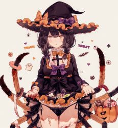 Rule 34 | 1girl, arthropod limbs, bat (animal), black cat, black dress, black hair, black panties, blood, blood stain, bow, braid, bug, candy, cat, clothes lift, cookie, doughnut, dress, food, frilled dress, frilled hat, frills, ghost, hat, heart, heterochromia, highres, jack-o&#039;-lantern, lifted by self, lollipop, looking at viewer, low twintails, original, panties, skirt, skirt basket, skirt lift, spider, twin braids, twintails, underwear, witch hat, y o u k a