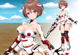 Rule 34 | 1girl, ahoge, bad id, bad pixiv id, black thighhighs, blush, boots, breasts, brown hair, cleavage, famicom, game console, gibun (sozoshu), gun, hair ornament, holding, holding gun, holding weapon, large breasts, looking at viewer, md5 mismatch, multiple views, original, personification, red eyes, resolution mismatch, short hair, smile, solo, tagme, thighhighs, weapon