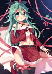 Rule 34 | 1girl, alternate costume, belt, black ribbon, black thighhighs, blush, box, breasts, christmas, commentary request, dress, ezoshika, gift, gift box, green eyes, green hair, hair between eyes, hair flaps, hair ornament, hair ribbon, hairclip, highres, kantai collection, long hair, long sleeves, looking at viewer, midriff, navel, open mouth, parted bangs, ponytail, red dress, ribbon, santa costume, shoes, skirt, small breasts, solo, standing, standing on one leg, tearing up, tears, thighhighs, yamakaze (kancolle)