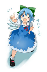Rule 34 | 1girl, blue dress, blue eyes, blue hair, bow, cirno, dress, fangs, hair bow, highres, ice, ice wings, looking at viewer, matching hair/eyes, monrooru, one eye closed, open mouth, pointing, pointing at viewer, puffy short sleeves, puffy sleeves, shirt, short sleeves, smile, solo, touhou, wings