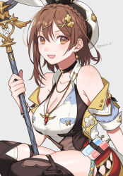Rule 34 | 1girl, atelier (series), atelier ryza, atelier ryza 3, braid, breasts, brown eyes, brown hair, choker, earrings, gloves, hair ornament, hat, highres, jewelry, large breasts, looking at viewer, necklace, peach11 01, red shorts, reisalin stout, short hair, short shorts, shorts, smile, solo, star (symbol), thighhighs, thighs, white hat