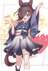 Rule 34 | 1girl, :d, animal ears, arm up, black bow, black footwear, blue bow, blue flower, blue kimono, blush, boots, bow, breasts, brown hair, checkered background, commentary request, egasumi, flower, grey skirt, hair bow, hair flower, hair ornament, hair over one eye, happy new year, high ponytail, highres, horse ears, horse girl, horse tail, japanese clothes, kimono, kneehighs, long hair, long sleeves, looking at viewer, new year, obi, open mouth, pleated skirt, ponytail, purple eyes, rice shower (umamusume), sash, skirt, small breasts, smile, socks, solo, sunanuko (ramuneko), tail, umamusume, white socks, wide sleeves