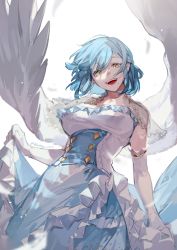 Rule 34 | 1girl, bare shoulders, blue hair, bokyo, clothes lift, dress, dress lift, elbow gloves, feathered wings, gloves, highres, looking at viewer, moira (nijisanji), mole, mole under mouth, nijisanji, open mouth, short hair, smile, solo, virtual youtuber, white dress, wings, yellow eyes