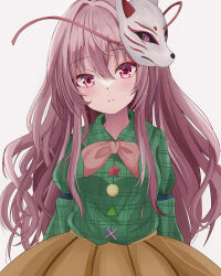 Rule 34 | 1girl, atory, bow, bowtie, circle, closed mouth, commentary, fox mask, green shirt, hata no kokoro, long hair, long sleeves, looking at viewer, mask, mask on head, orange skirt, pink bow, pink bowtie, pink eyes, pink hair, plaid, plaid shirt, shirt, skirt, solo, star (symbol), touhou, triangle, x
