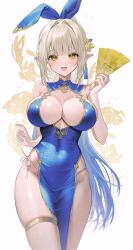 Rule 34 | 1girl, armpit crease, bare arms, bare shoulders, blonde hair, blue dress, blue hair, breasts, china dress, chinese clothes, cleavage, colored inner hair, commission, covered navel, cowboy shot, dress, elf, fymrie, gold trim, hair ornament, hair ribbon, highres, holding, holding strap, large breasts, long hair, looking at viewer, multicolored hair, no bra, open mouth, original, panties, pelvic curtain, pointy ears, ponytail, ribbon, side-tie panties, side-tie peek, skindentation, sleeveless, sleeveless dress, smile, solo, spaghetti strap, standing, string panties, thighlet, thighs, two-tone hair, underwear, very long hair, yellow eyes