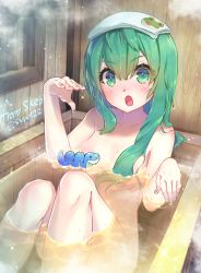 Rule 34 | 1girl, :o, artist name, bath, bathing, bathtub, blush, breasts, collarbone, commentary request, green eyes, green hair, green nails, hair censor, hands up, indoors, knees up, kochiya sanae, lens flare, long hair, looking at viewer, medium breasts, nail polish, nude, open mouth, partially submerged, sitting, snake, solo, sparkle, steam, syuri22, thighs, touhou, towel, towel on head, water
