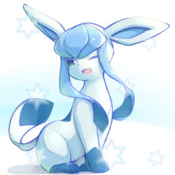 Rule 34 | animal ears, blush, commentary request, creatures (company), fang, game freak, gen 4 pokemon, glaceon, green eyes, highres, kareya, looking at viewer, nintendo, no humans, one eye closed, open mouth, pokemon, pokemon (creature), skin fang, smile, star (symbol)