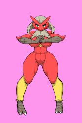 Rule 34 | 1girl, abs, absurdres, arms up, blaziken, breasts, claws, cracking knuckles, creatures (company), feet, full body, furry, furry female, game freak, gen 3 pokemon, green eyes, hands up, highres, kewon, large breasts, legs apart, looking at viewer, navel, nintendo, no pussy, pink background, platinum blonde hair, pokemon, pokemon (creature), pokemon rse, short hair, simple background, smile, solo, standing, teeth, tongue, tongue out, wide hips