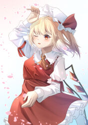 Rule 34 | 1girl, ascot, blonde hair, cherry blossoms, cowboy shot, crystal wings, dress, flandre scarlet, hand up, hat, hat ribbon, highres, kisaragimikuru, medium hair, mob cap, one eye closed, open mouth, puffy short sleeves, puffy sleeves, red ascot, red dress, red eyes, red ribbon, ribbon, short sleeves, side ponytail, simple background, solo, touhou, white background