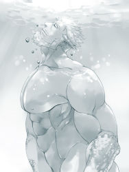 Rule 34 | 1boy, abs, aegir (housamo), air bubble, ass, bad id, bad twitter id, bara, beard, bubble, completely nude, facial hair, fins, from side, greyscale, groin, hair slicked back, hair strand, hinokumo f, large pectorals, looking up, male focus, monochrome, multicolored hair, muscular, muscular male, navel, nipples, nude, pectorals, short hair, solo, streaked hair, sunlight, tokyo houkago summoners, underwater, upper body