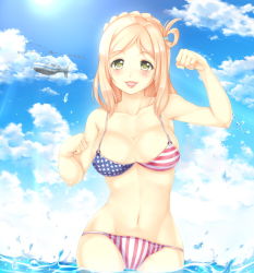 Rule 34 | 10s, 1girl, aircraft, american flag bikini, bikini, blonde hair, blush, braid, breasts, cleavage, cloud, day, flag print, green eyes, helicopter, highres, lips, long hair, looking at viewer, love live!, love live! sunshine!!, navel, ohara mari, open mouth, paw pose, rock.fc, smile, soaking feet, solo, standing, swimsuit, wading, water, yellow eyes