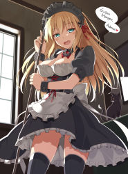 Rule 34 | 1girl, alternate costume, apron, bismarck (kancolle), black dress, black thighhighs, blonde hair, blue eyes, blush, bow, bowtie, breasts, cleavage, corset, cross, detached collar, dress, enmaided, hair ribbon, holding, indoors, iron cross, kantai collection, long hair, looking at viewer, maid, maid headdress, medium breasts, mop, ohta yuichi, open mouth, panties, pantyshot, puffy short sleeves, puffy sleeves, red bow, red bowtie, red ribbon, ribbon, short sleeves, smile, solo, standing, thighhighs, underwear, waist apron, white panties, window, wrist cuffs