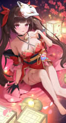 Rule 34 | 1girl, absurdres, aillatoste, bare shoulders, bell, black choker, black hair, breasts, candle, choker, cleavage, collarbone, commentary request, detached sleeves, dress, flower, highres, honkai: star rail, honkai (series), lantern, large breasts, long hair, looking at viewer, mole, mole under each eye, mole under eye, multiple moles, neck bell, obi, pink eyes, red dress, red flower, sash, sitting, sleeveless, sleeveless dress, solo, sparkle (honkai: star rail), tongue, tongue out, twintails, very long hair