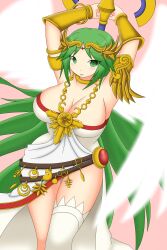 Rule 34 | 1girl, absurdres, angel wings, arms up, breasts, cleavage, curvy, dress, green eyes, green hair, highres, holding, holding staff, jewelry, kid icarus, kid icarus uprising, large breasts, long hair, looking at viewer, nintendo, open mouth, palutena, parted bangs, pendant, single thighhigh, somegu, staff, thigh gap, thighhighs, very long hair, white dress, white thighhighs, wings