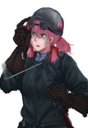 Rule 34 | 10s, 1girl, akashi (kancolle), alternate hairstyle, dirty, dirty face, gloves, green eyes, hair ribbon, helmet, kantai collection, lawzanid, long hair, open mouth, pink hair, ponytail, ribbon, solo, tress ribbon, twintails, welding